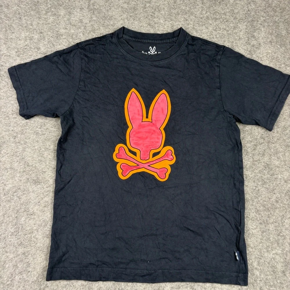 Psycho Bunny T Shirt Boys Large 14/16 Black Neon Graphic Logo Pima Cotton